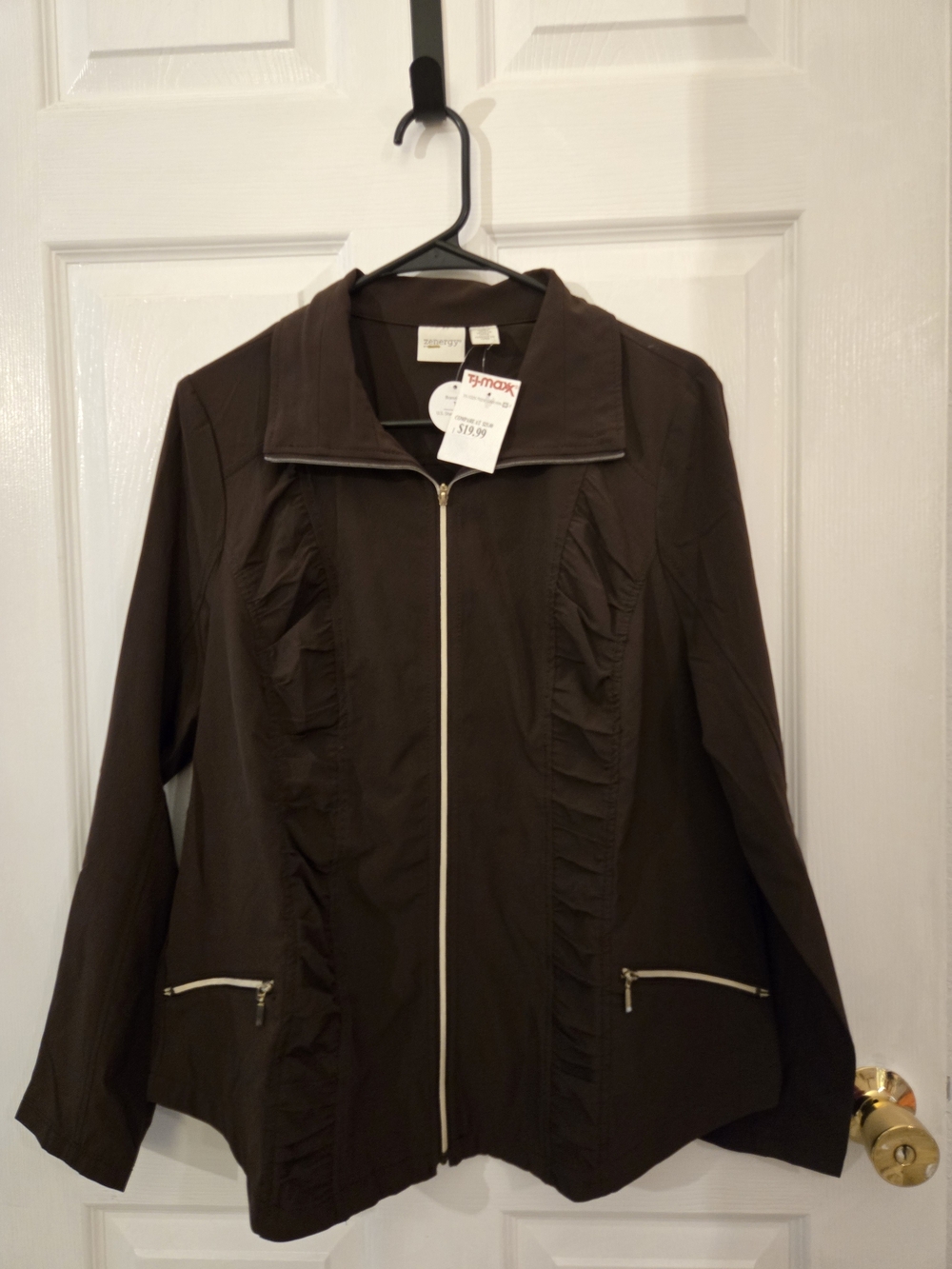 Women's Utility Zip Jacket in Dark Brown with Ruffle Detail